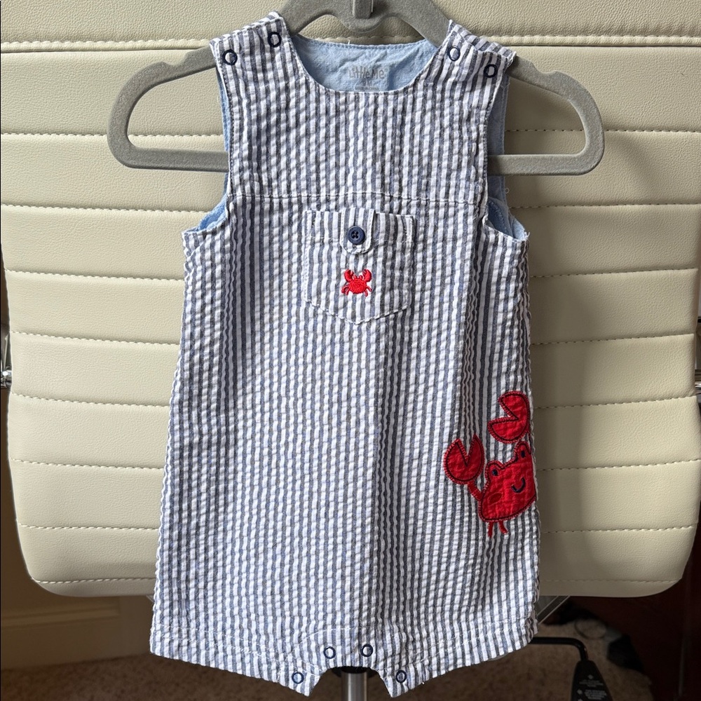 Blue and White Striped Baby Romper with Red Crab Design
